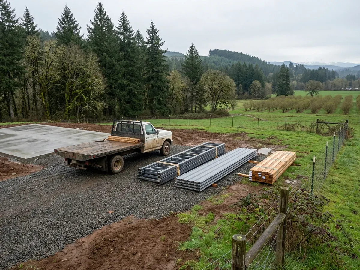 A flatbed truck beside a finished concrete slab, with banded steel frame members and lumber staged on a gravel pad and a fir treeline behind.