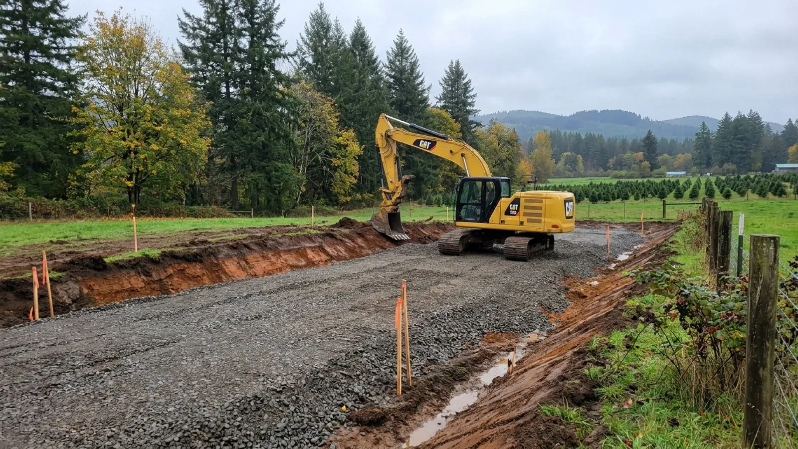 An excavator grading a compacted gravel building pad on a cleared lot, with survey stakes, a drainage swale and a fir treeline behind.
