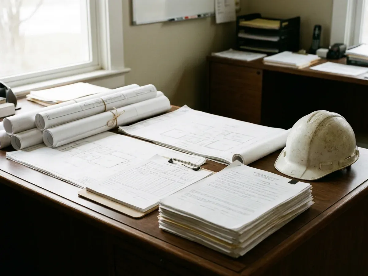 A building permit submittal package on a desk with rolled construction drawings, forms on a clipboard, and a hard hat.