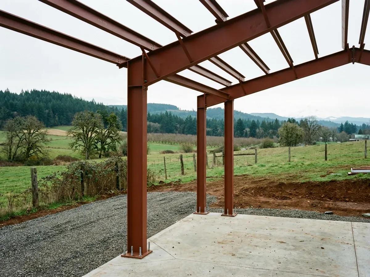 A red oxide primed structural steel frame partly erected on a concrete slab, showing bolted knee joints and anchor bolts.